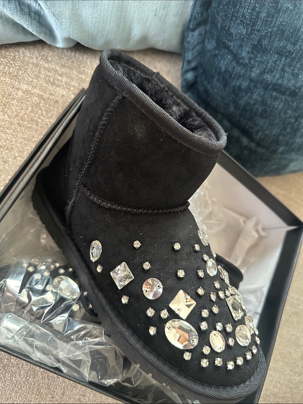 Black Crystal-Studded Shearling-Lined Women's Ankle Slippers